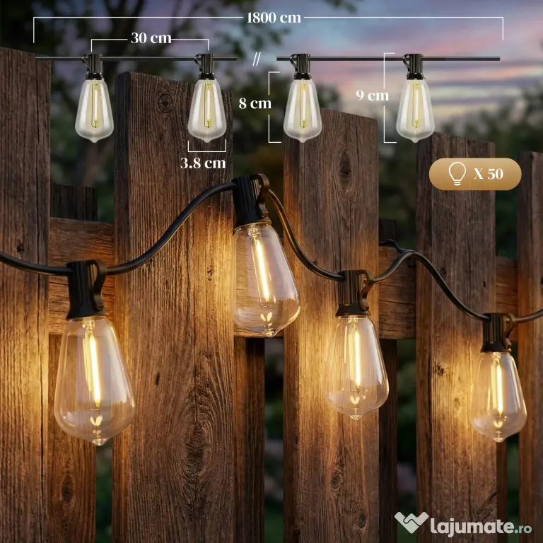 HOMCOM Ghirlandă Luminoasă de Exterior cu 50 de Luminite LED IP44, din PET și Plastic, 18x0.38x0.09 m, Negru și Transparent