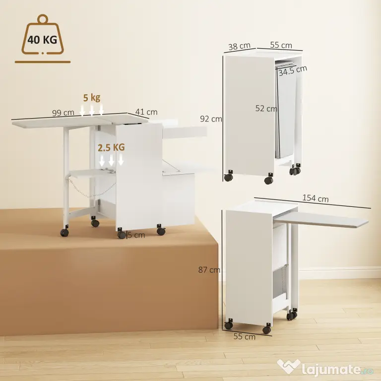 HOMCOM Dulap Masă de Călcat Pliabil cu Roți și Suport pentru Fier de Călcat, Dulap de Călcat Multifuncțional cu Rafturi, Compartiment Deschis, pentru Spălătorie, Baie, 154x55x87 cm, Alb