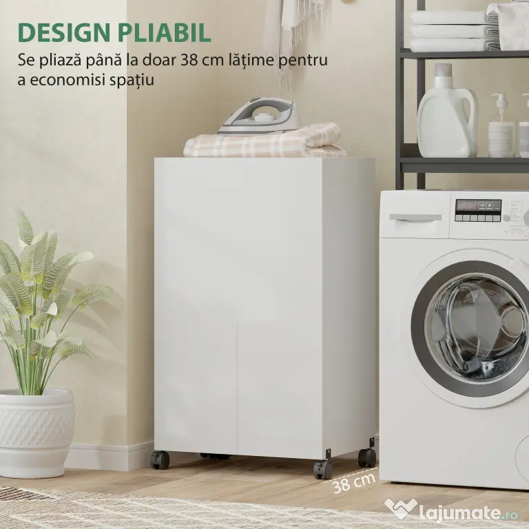 HOMCOM Dulap Masă de Călcat Pliabil cu Roți și Suport pentru Fier de Călcat, Dulap de Călcat Multifuncțional cu Rafturi, Compartiment Deschis, pentru Spălătorie, Baie, 154x55x87 cm, Alb