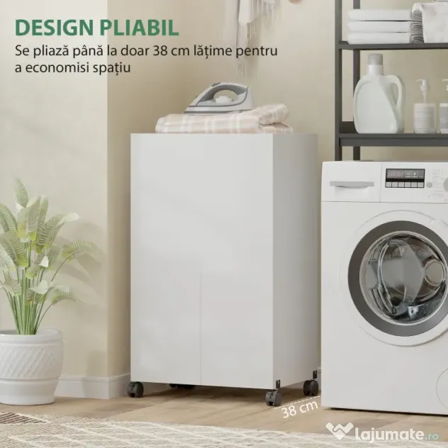 HOMCOM Dulap Masă de Călcat Pliabil cu Roți și Suport pentru Fier de Călcat, Dulap de Călcat Multifuncțional cu Rafturi, Compartiment Deschis, pentru Spălătorie, Baie, 154x55x87 cm, Alb