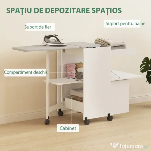 HOMCOM Dulap Masă de Călcat Pliabil cu Roți și Suport pentru Fier de Călcat, Dulap de Călcat Multifuncțional cu Rafturi, Compartiment Deschis, pentru Spălătorie, Baie, 154x55x87 cm, Alb