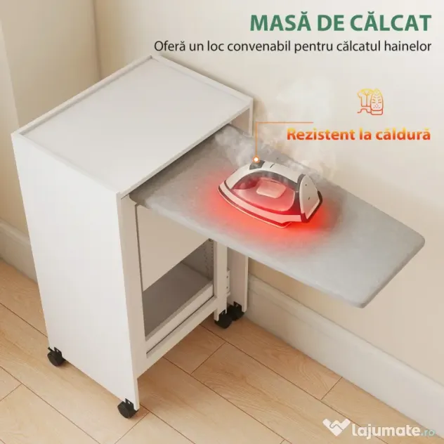 HOMCOM Dulap Masă de Călcat Pliabil cu Roți și Suport pentru Fier de Călcat, Dulap de Călcat Multifuncțional cu Rafturi, Compartiment Deschis, pentru Spălătorie, Baie, 154x55x87 cm, Alb