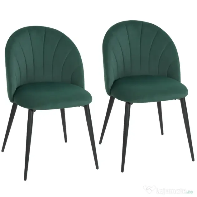 HOMCOM Set de 2 Scaune de Sufragerie din Catifea, Scaune Bucătărie cu Spătar Curbat în Formă de Scoică, Picioare din Metal, Stil Nordic, Scaun Tapițat pentru Bucătărie, Dormitor, Cameră de Zi, Verde Închis | Aosom Romania
