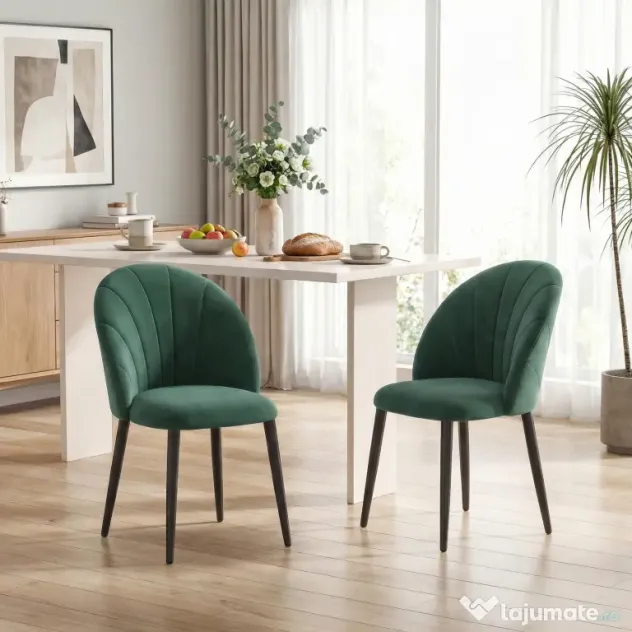 HOMCOM Set de 2 Scaune de Sufragerie din Catifea, Scaune Bucătărie cu Spătar Curbat în Formă de Scoică, Picioare din Metal, Stil Nordic, Scaun Tapițat pentru Bucătărie, Dormitor, Cameră de Zi, Verde Închis | Aosom Romania