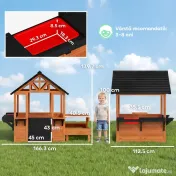 AIYAPLAY Căsuță de Grădină pentru Copii din Lemn de Molid, Căsuță pentru Exterior cu Masă, Bănci, Chiuvetă, Ușă pe Jumătate, Suport Ghivece, Fereastră Snack Bar, 3-8 Ani, 166x113x140 cm, Maro Deschis | Aosom Romania 
