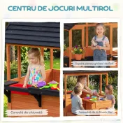 AIYAPLAY Căsuță de Grădină pentru Copii din Lemn de Molid, Căsuță pentru Exterior cu Masă, Bănci, Chiuvetă, Ușă pe Jumătate, Suport Ghivece, Fereastră Snack Bar, 3-8 Ani, 166x113x140 cm, Maro Deschis | Aosom Romania 