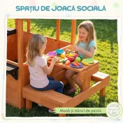 AIYAPLAY Căsuță de Grădină pentru Copii din Lemn de Molid, Căsuță pentru Exterior cu Masă, Bănci, Chiuvetă, Ușă pe Jumătate, Suport Ghivece, Fereastră Snack Bar, 3-8 Ani, 166x113x140 cm, Maro Deschis | Aosom Romania 