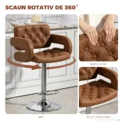 HOMCOM Taburet de Bar cu Înălțime Reglabilă, Scaun Înalt din PU cu Spătar, Suport pentru Picioare, Cotiere și Șezut Moale, Structură din Oțel, Rotativ la 360°, pentru Bucătărie, Maro | Aosom Romania 