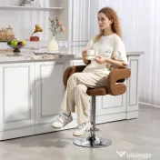 HOMCOM Taburet de Bar cu Înălțime Reglabilă, Scaun Înalt din PU cu Spătar, Suport pentru Picioare, Cotiere și Șezut Moale, Structură din Oțel, Rotativ la 360°, pentru Bucătărie, Maro | Aosom Romania 
