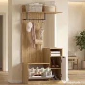 HOMCOM Cuier de Hol cu Bară, 4 Cârlige, Bancă și Spațiu pentru Încălțăminte, Dulap din MDF și Metal, Picioare din Lemn de Cauciuc, Stejar și Alb | Aosom Romania 