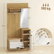 HOMCOM Cuier de Hol cu Bară, 4 Cârlige, Bancă și Spațiu pentru Încălțăminte, Dulap din MDF și Metal, Picioare din Lemn de Cauciuc, Stejar și Alb | Aosom Romania 