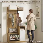 HOMCOM Cuier de Hol cu Bară, 4 Cârlige, Bancă și Spațiu pentru Încălțăminte, Dulap din MDF și Metal, Picioare din Lemn de Cauciuc, Stejar și Alb | Aosom Romania 