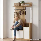 HOMCOM Cuier de Hol cu Bară, 4 Cârlige, Bancă și Spațiu pentru Încălțăminte, Dulap din MDF și Metal, Picioare din Lemn de Cauciuc, Stejar și Alb | Aosom Romania 