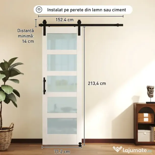 HOMCOM Ușă Culisantă Interior Rustică cu Șină Silențioasă, Kit Feronerie și Mâner, Alb | Aosom Romania