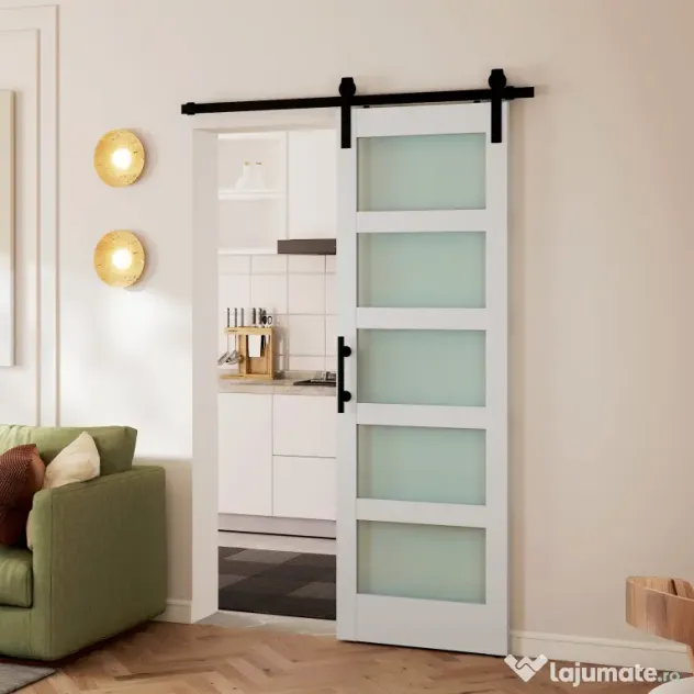 HOMCOM Ușă Culisantă Interior Rustică cu Șină Silențioasă, Kit Feronerie și Mâner, Alb | Aosom Romania