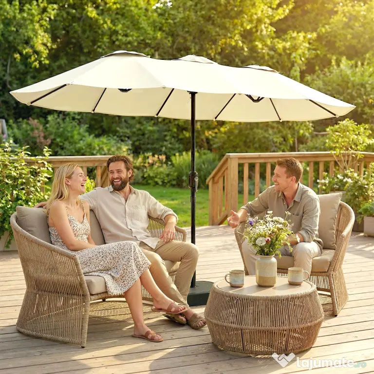 Outsunny Umbrelă Dublă de Grădină 3x1.5 m, Umbrelă de Exterior cu Sac de Nisip, Anti UV 50+, Bej | Aosom Romania