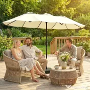 Outsunny Umbrelă Dublă de Grădină 3x1.5 m, Umbrelă de Exterior cu Sac de Nisip, Anti UV 50+, Bej | Aosom Romania 