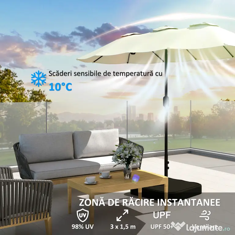 Outsunny Umbrelă Dublă de Grădină 3x1.5 m, Umbrelă de Exterior cu Sac de Nisip, Anti UV 50+, Bej | Aosom Romania