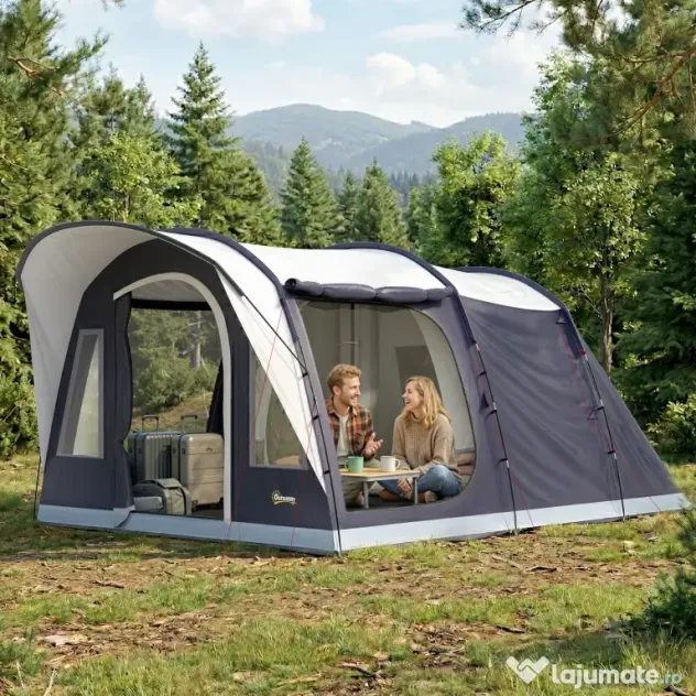 Outsunny Cort de Camping Tunel pentru 2-4 Persoane, Înălțime 213cm, cu 2 Camere, Cort Familial Impermeabil 3000mm cu Verandă, Ferestre, Buzunare, Cârlig și Geantă de Transport, Bleumarin | Aosom Romania