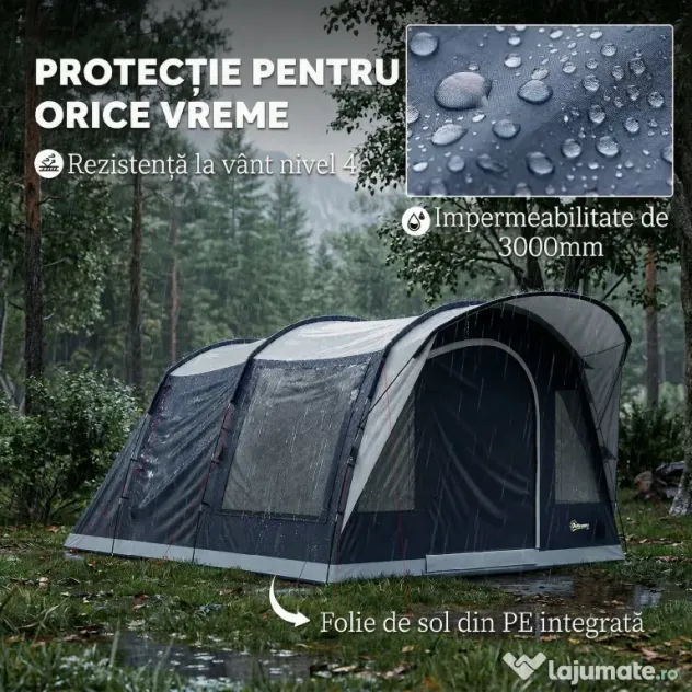 Outsunny Cort de Camping Tunel pentru 2-4 Persoane, Înălțime 213cm, cu 2 Camere, Cort Familial Impermeabil 3000mm cu Verandă, Ferestre, Buzunare, Cârlig și Geantă de Transport, Bleumarin | Aosom Romania
