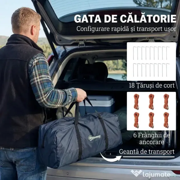 Outsunny Cort de Camping Tunel pentru 2-4 Persoane, Înălțime 213cm, cu 2 Camere, Cort Familial Impermeabil 3000mm cu Verandă, Ferestre, Buzunare, Cârlig și Geantă de Transport, Bleumarin | Aosom Romania