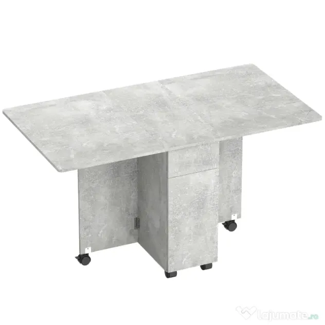 HOMCOM Masă de Luat Masa Pliabilă, Masă de Bucătărie cu Blaturi Rabatabile și Roți cu Frâne pentru 6 Persoane, Birou Compact cu 2 Sertare, 2 Uși și Dulap, pentru Living, 140x76x74î cm, Gri Ciment | Aosom Romania