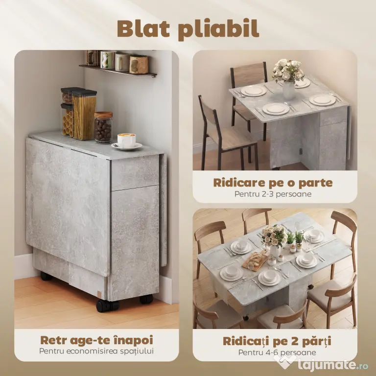 HOMCOM Masă de Luat Masa Pliabilă, Masă de Bucătărie cu Blaturi Rabatabile și Roți cu Frâne pentru 6 Persoane, Birou Compact cu 2 Sertare, 2 Uși și Dulap, pentru Living, 140x76x74î cm, Gri Ciment | Aosom Romania