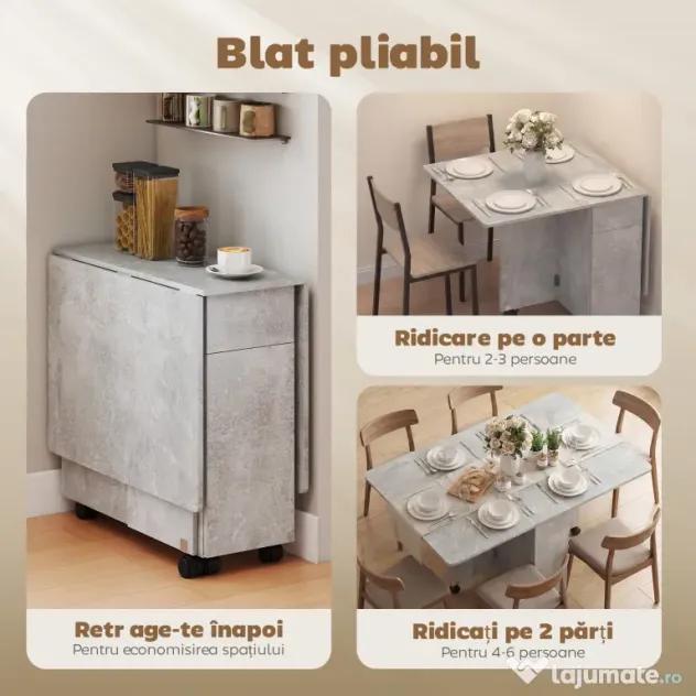 HOMCOM Masă de Luat Masa Pliabilă, Masă de Bucătărie cu Blaturi Rabatabile și Roți cu Frâne pentru 6 Persoane, Birou Compact cu 2 Sertare, 2 Uși și Dulap, pentru Living, 140x76x74î cm, Gri Ciment | Aosom Romania