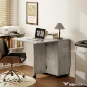 HOMCOM Masă de Luat Masa Pliabilă, Masă de Bucătărie cu Blaturi Rabatabile și Roți cu Frâne pentru 6 Persoane, Birou Compact cu 2 Sertare, 2 Uși și Dulap, pentru Living, 140x76x74î cm, Gri Ciment | Aosom Romania 