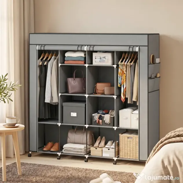 HOMCOM Dulap Textil Portabil in Material Nețesut și Oțel, cu Roți, 10 Compartimente și 2 Bare pentru Umerașe, Gri Închis | Aosom Romania