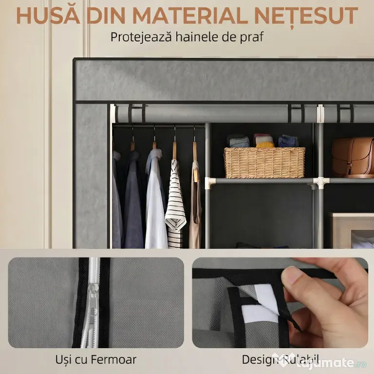 HOMCOM Dulap Textil Portabil in Material Nețesut și Oțel, cu Roți, 10 Compartimente și 2 Bare pentru Umerașe, Gri Închis | Aosom Romania