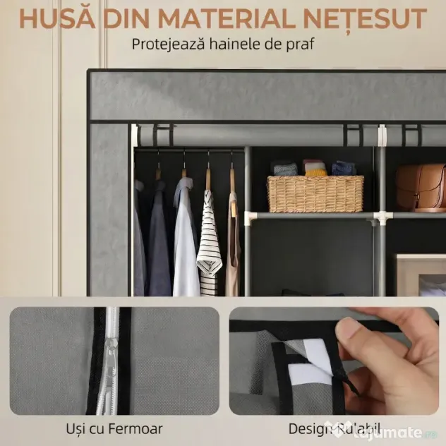 HOMCOM Dulap Textil Portabil in Material Nețesut și Oțel, cu Roți, 10 Compartimente și 2 Bare pentru Umerașe, Gri Închis | Aosom Romania
