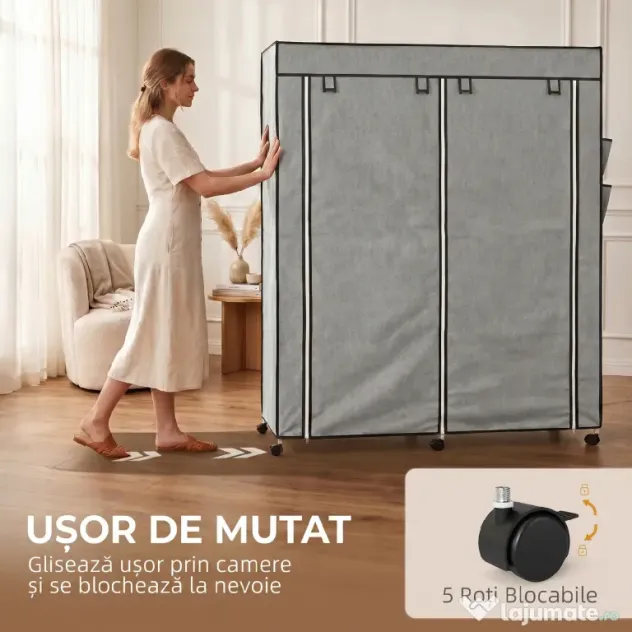 HOMCOM Dulap Textil Portabil in Material Nețesut și Oțel, cu Roți, 10 Compartimente și 2 Bare pentru Umerașe, Gri Închis | Aosom Romania