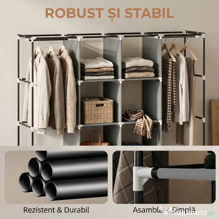 HOMCOM Dulap Textil Portabil in Material Nețesut și Oțel, cu Roți, 10 Compartimente și 2 Bare pentru Umerașe, Gri Închis | Aosom Romania