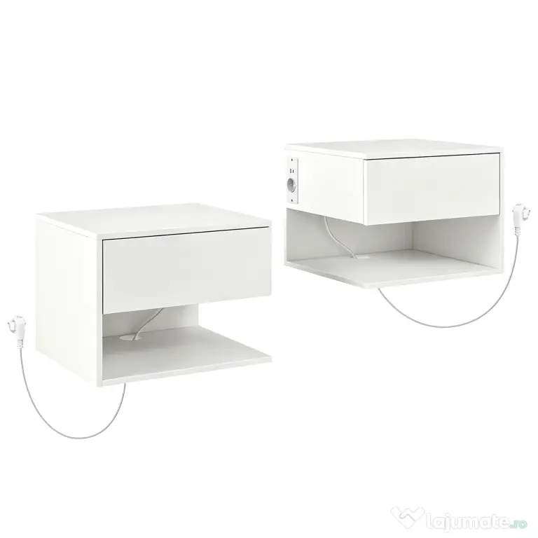HOMCOM Set Noptiere Suspendate cu Sertar și Raft, Noptiere Moderne pentru Canapea, 40 x 35 x 30 cm, Alb | Aosom Romania
