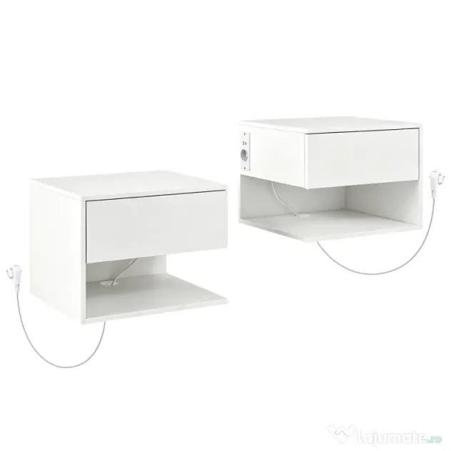 HOMCOM Set Noptiere Suspendate cu Sertar și Raft, Noptiere Moderne pentru Canapea, 40 x 35 x 30 cm, Alb | Aosom Romania
