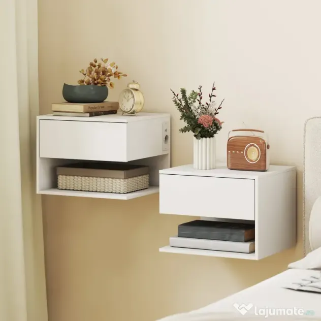 HOMCOM Set Noptiere Suspendate cu Sertar și Raft, Noptiere Moderne pentru Canapea, 40 x 35 x 30 cm, Alb | Aosom Romania