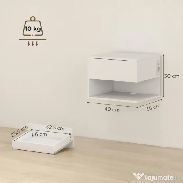 HOMCOM Set Noptiere Suspendate cu Sertar și Raft, Noptiere Moderne pentru Canapea, 40 x 35 x 30 cm, Alb | Aosom Romania