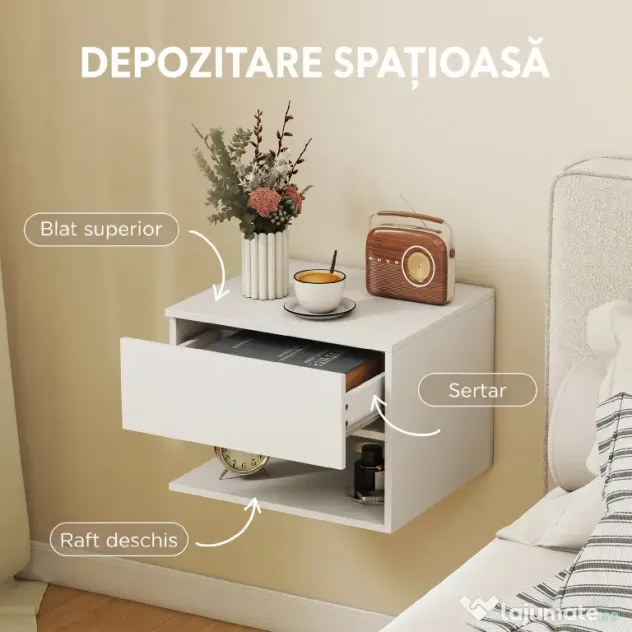 HOMCOM Set Noptiere Suspendate cu Sertar și Raft, Noptiere Moderne pentru Canapea, 40 x 35 x 30 cm, Alb | Aosom Romania