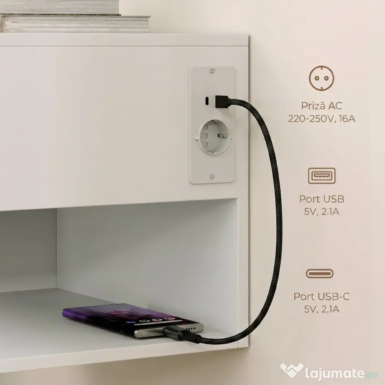 HOMCOM Set Noptiere Suspendate cu Sertar și Raft, Noptiere Moderne pentru Canapea, 40 x 35 x 30 cm, Alb | Aosom Romania
