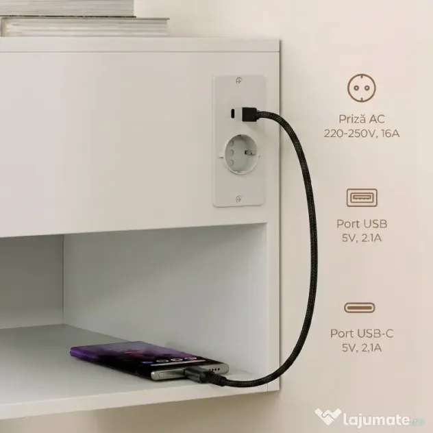 HOMCOM Set Noptiere Suspendate cu Sertar și Raft, Noptiere Moderne pentru Canapea, 40 x 35 x 30 cm, Alb | Aosom Romania