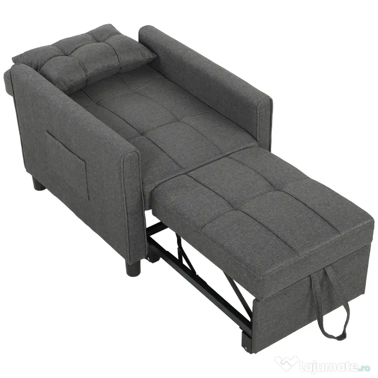 HOMCOM Fotoliu Pat Single 3 în 1 din Material Textil Tip In și Lemn cu Spătar Reclinabil, Pernă, Buzunare, Gri | Aosom Romania