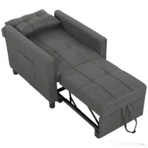 HOMCOM Fotoliu Pat Single 3 în 1 din Material Textil Tip In și Lemn cu Spătar Reclinabil, Pernă, Buzunare, Gri | Aosom Romania