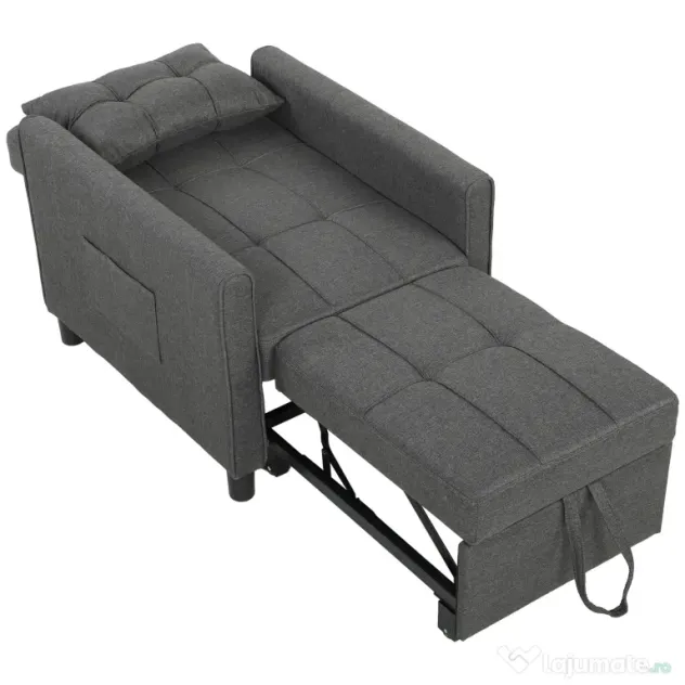 HOMCOM Fotoliu Pat Single 3 în 1 din Material Textil Tip In și Lemn cu Spătar Reclinabil, Pernă, Buzunare, Gri | Aosom Romania