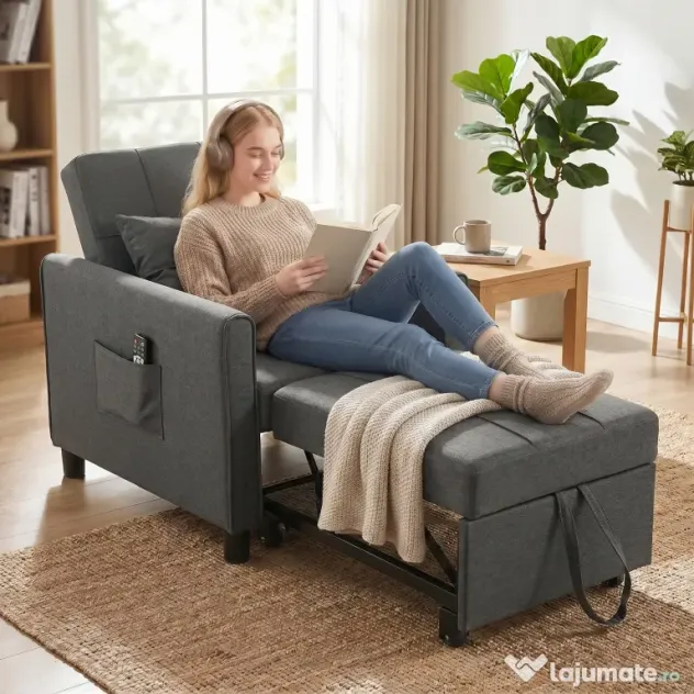 HOMCOM Fotoliu Pat Single 3 în 1 din Material Textil Tip In și Lemn cu Spătar Reclinabil, Pernă, Buzunare, Gri | Aosom Romania