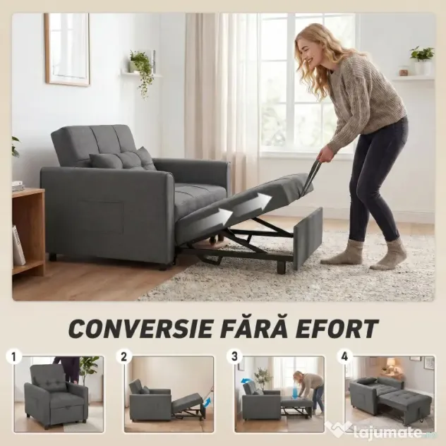 HOMCOM Fotoliu Pat Single 3 în 1 din Material Textil Tip In și Lemn cu Spătar Reclinabil, Pernă, Buzunare, Gri | Aosom Romania
