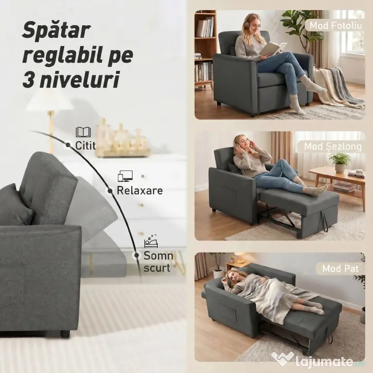 HOMCOM Fotoliu Pat Single 3 în 1 din Material Textil Tip In și Lemn cu Spătar Reclinabil, Pernă, Buzunare, Gri | Aosom Romania