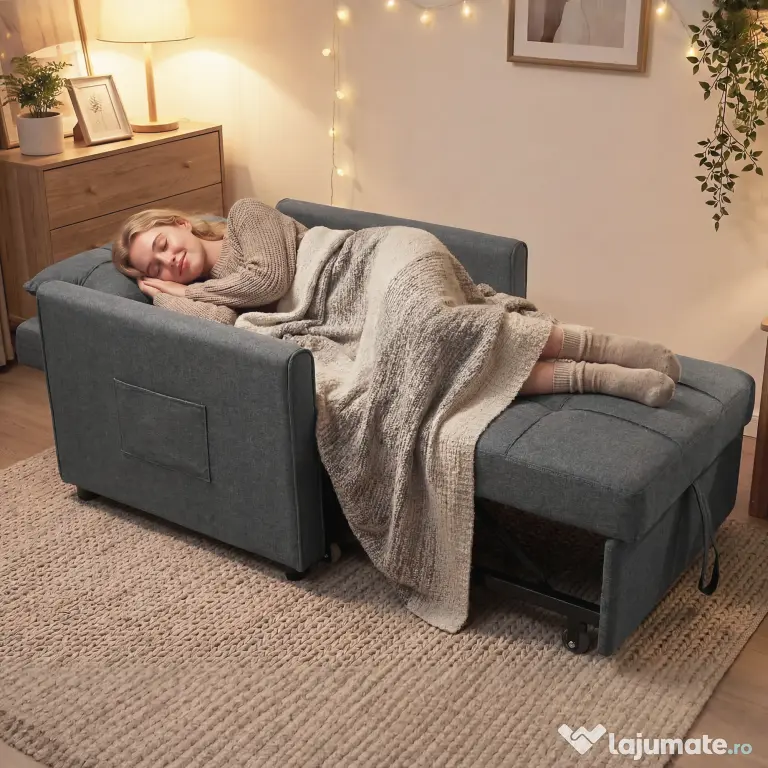 HOMCOM Fotoliu Pat Single 3 în 1 din Material Textil Tip In și Lemn cu Spătar Reclinabil, Pernă, Buzunare, Gri | Aosom Romania