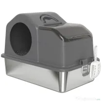 PawHut Litieră Pisici XL Închisă din Oțel Inoxidabil cu Capac, Paletă și Covoraș Colector Nisip, Gri Închis | Aosom Romania