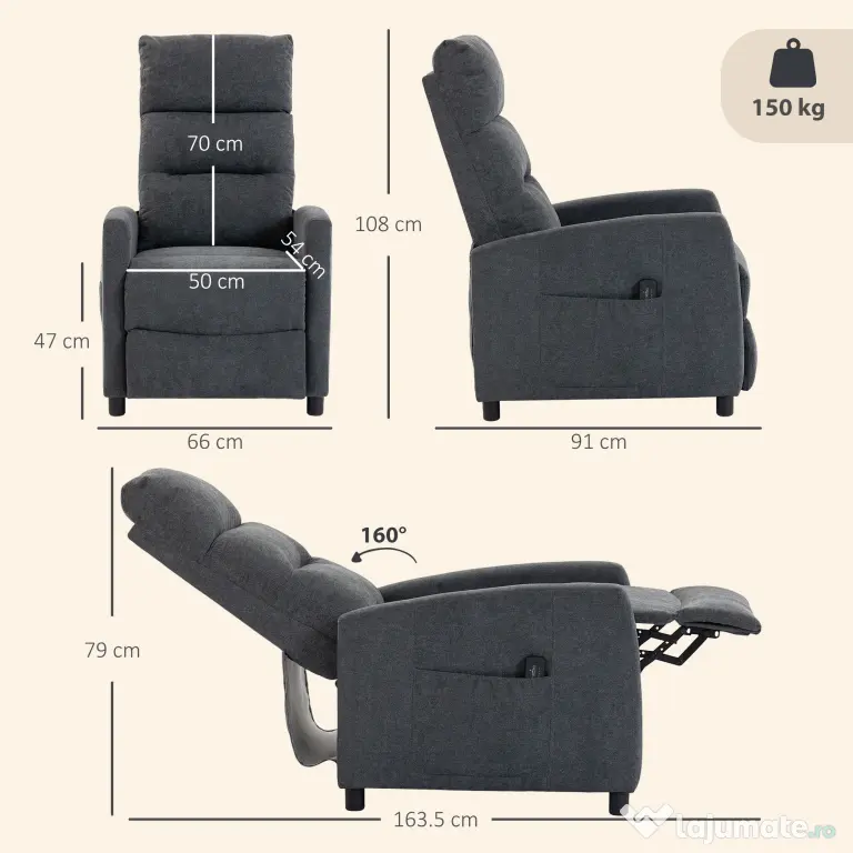 HOMCOM Fotoliu Reclinabil Manual cu Masaj 160°, Chenille, Suport Picioare, Telecomandă, Buzunare, Gri Închis | Aosom Romania